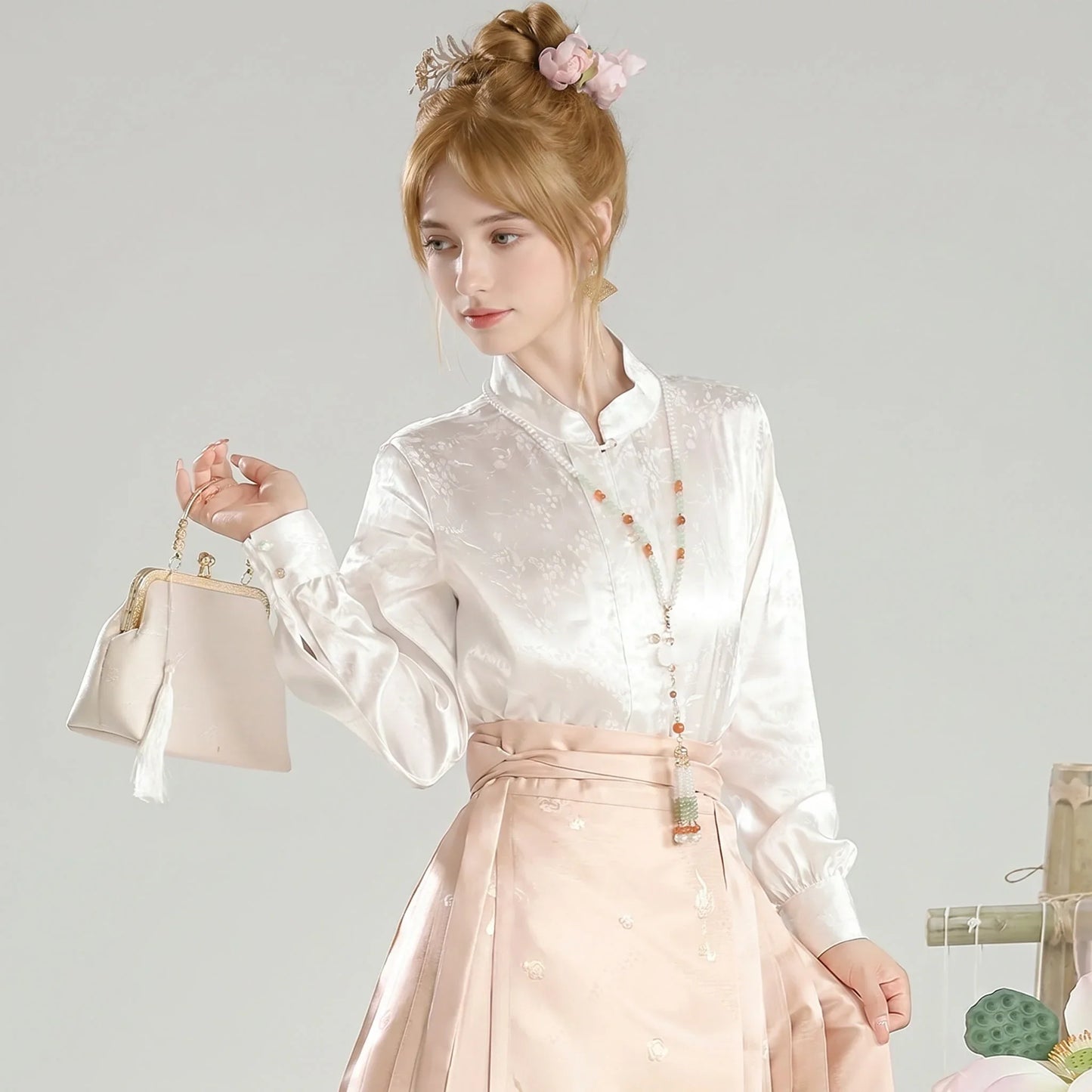 Pearl White Mandarin Collar Blouse
