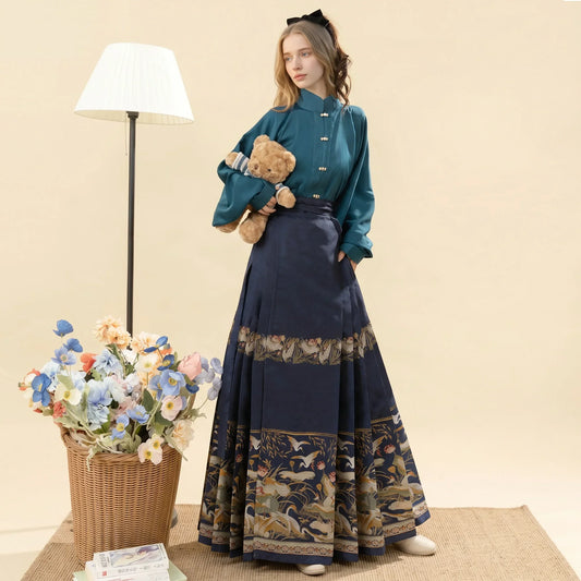 Teal & Navy Gold Jacquard Mamian Skirt Set