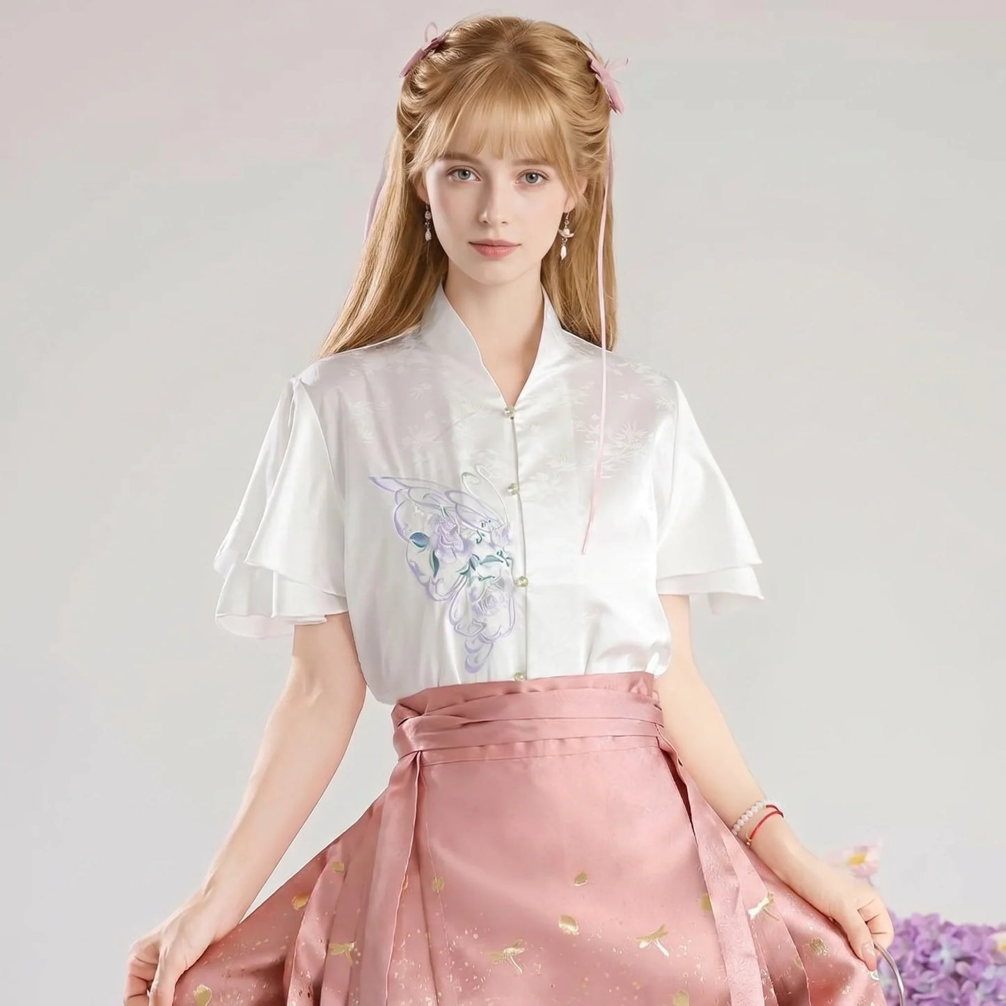 Floral Embroidered Short Sleeve Mandarin Blouse