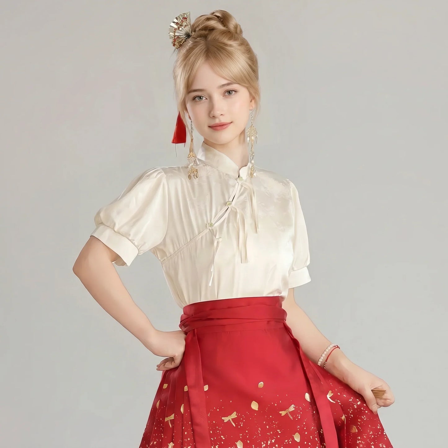 Short Sleeve Mandarin Collar Blouse
